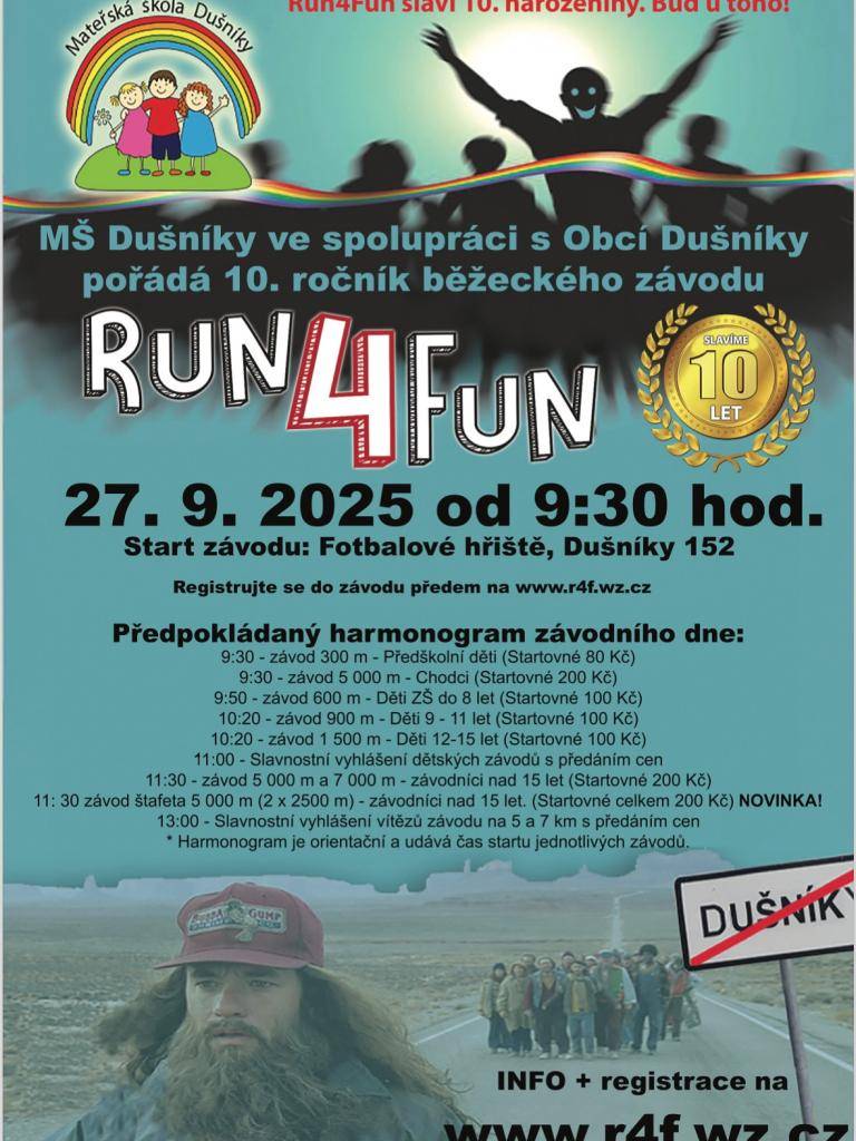 RUN4FUN již podesáté. V sobotu 27. 9. na fotbalovém hřišti , startujeme v 9.30 hodin. Startovné putuje na dobrou věc, podpoříte projekt přírodní zahrady. Registrace na www.r4f.wz.cz