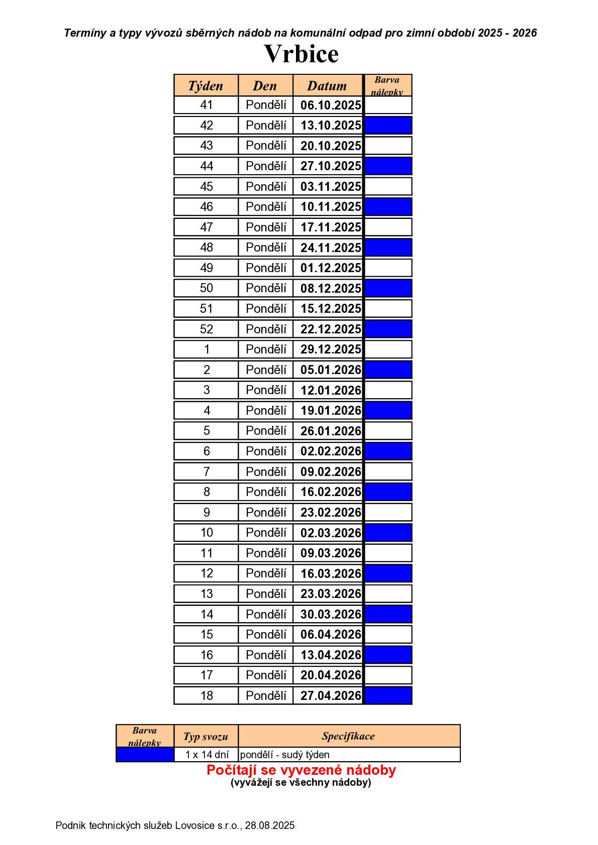 Termíny odvozu komunálního odpadu v zimním období 2025 - 2026