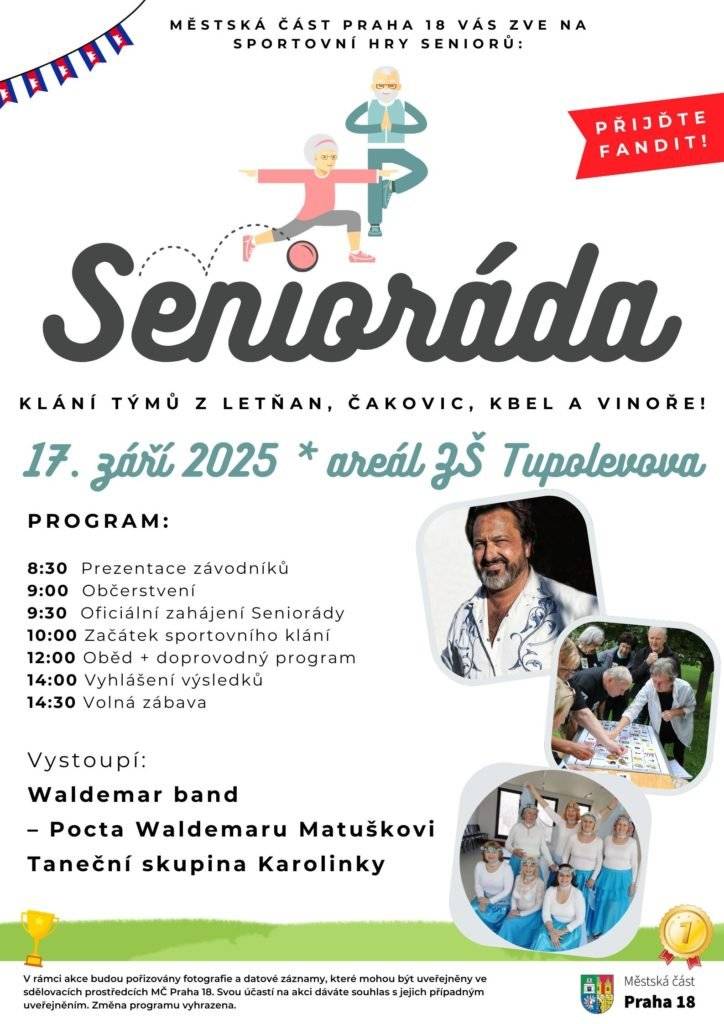 Náš tým seniorů bude reprezentovat Vinoř na Seniorádě v Letňanech. Jestli máte čas, přijďte je podpořit. Třeba se podaří hattrick!  Večer si najděte čas na Noc literatury. Můžete se těšit na herce Miloslava Königa, Borboru Seidlovou a Martina Siničáka.