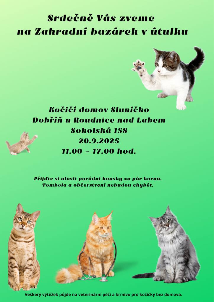 "Kočičí domov Sluníčko, z.s. zve všechny občany na charitativní bazárek ve prospěch kočiček bez domova a to tuto sobotu 20.9.2025 od 11 do 17 hodin v útulku v Dobříni.  Můžete se těšit na na tombolu a možnost  občerstvení.  Veškerý výtěžek z akce  bude použit na péči o bezprizorní kočičky v útulku.