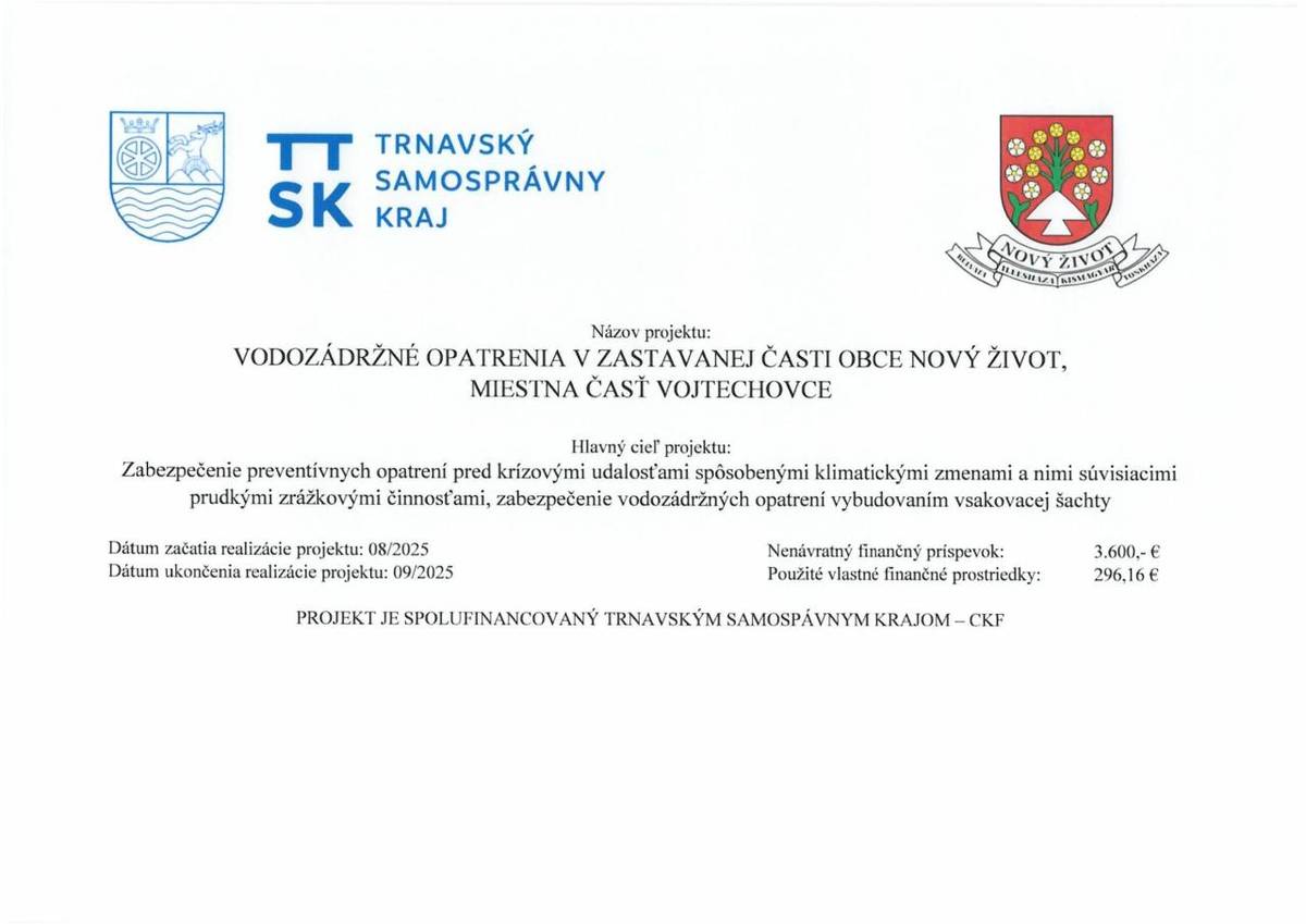 Vodozádržné opatrenia v zastavanej časti obce Nový Život, miestna časť Vojtechovce