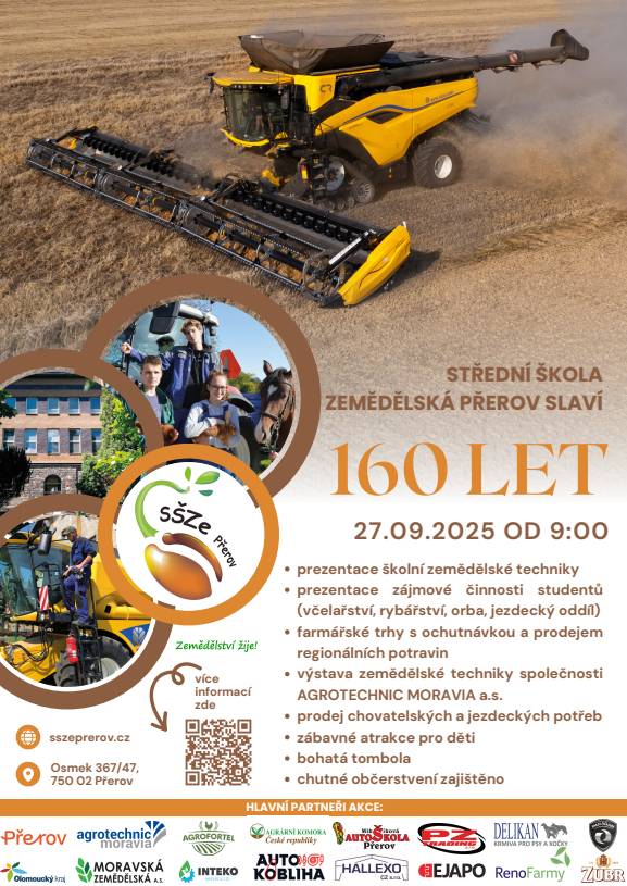 Střední škola zemědělská v Přerově zve na slavnostní akci u příležitosti 160. výročí založení Střední zemědělské školy v Přerově. Oslavy budou spojeny s pořádáním parkurových závodů, které nabídnou napínavou podívanou pro milovníky koní i širokou veřejnost. Termín konání sobota 27.