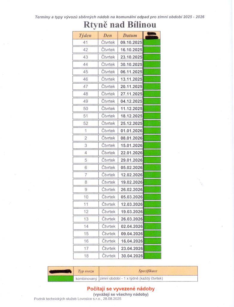 začíná ve čtvrtek 9.10.2025 - platí do čtvrtka 30.4.2026    Třiďte odpady, k vývozu dávejte pouze plné nádoby na směsný komunální odpad!