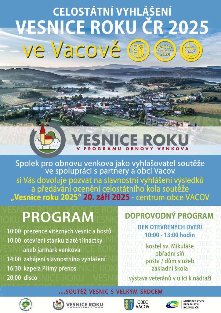 Zájezd na slavnostní vyhlášení republikového kola ve Vacově 20.9.2025  Odjezd busu 5:00 od dolní autobusové zastávky  Návrat ve večerních hodinách.  Volných posledních 6 míst.  V autobuse možnost zakoupení chlazených nápojů.