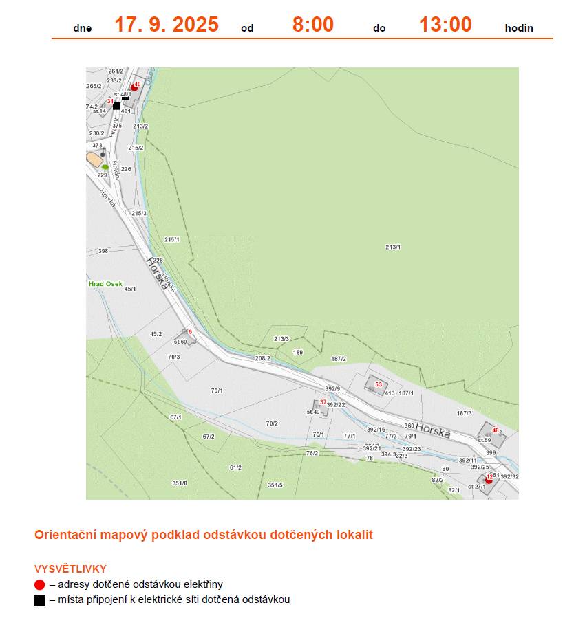 Oznámení o přerušení dodávky elektrické energie - 17.09.2025, od 08:00 do 13:00 hod.