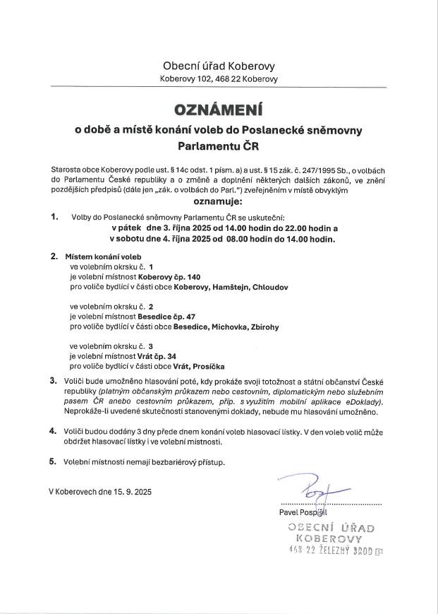 Oznámení o době a místě konání voleb do Poslanecké sněmovny Parlamentu ČR