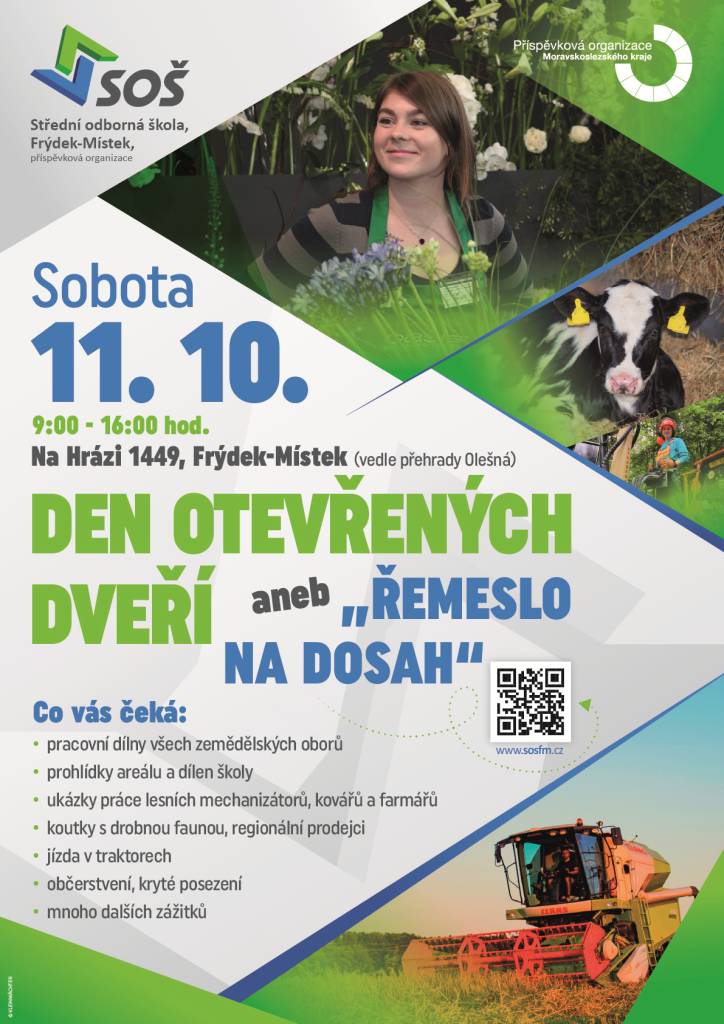 SOŠ Frýdek-Místek pořádá v sobotu 11. října 3. ročník Dne otevřených dveří aneb řemeslo žije a v sobotu 18. října první ročník prezentace strojírenských oborů.