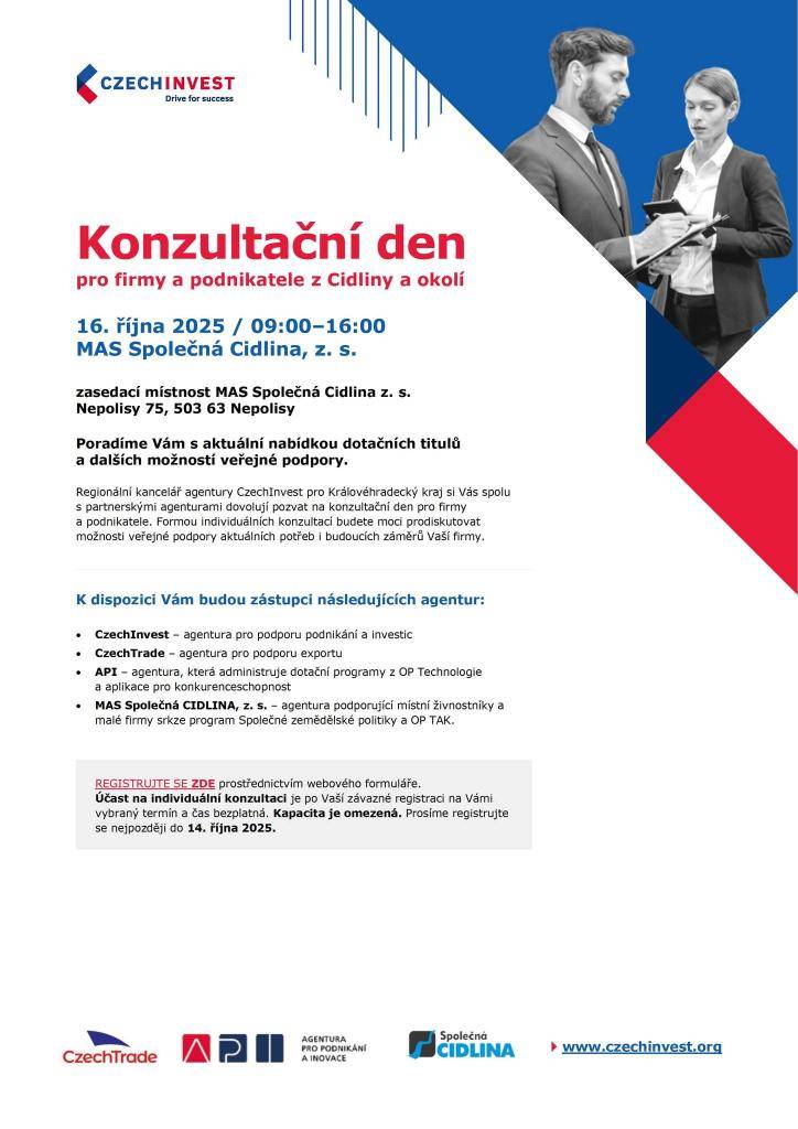 MAS Společná Cidlina, z.s. zve firmy a podnikatele z Cidliny a okolí na Konzultační den, který se uskuteční 16.10. v době od 9 do 16 hod.