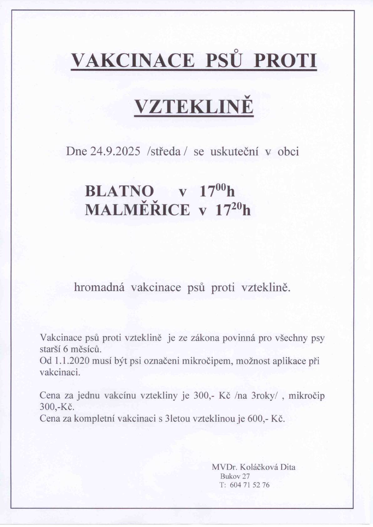 Vakcinace psů proti vzteklině se uskuteční dne 24. 9. 2025 (středa) - podrobnosti naleznete v příloze.