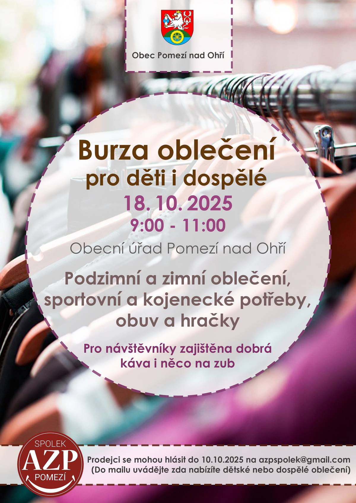 Tradiční burza oblečení pro děti i dospělé v prostorách obecního úřadu v Pomezí nad Ohří dne 18. 10. 2025