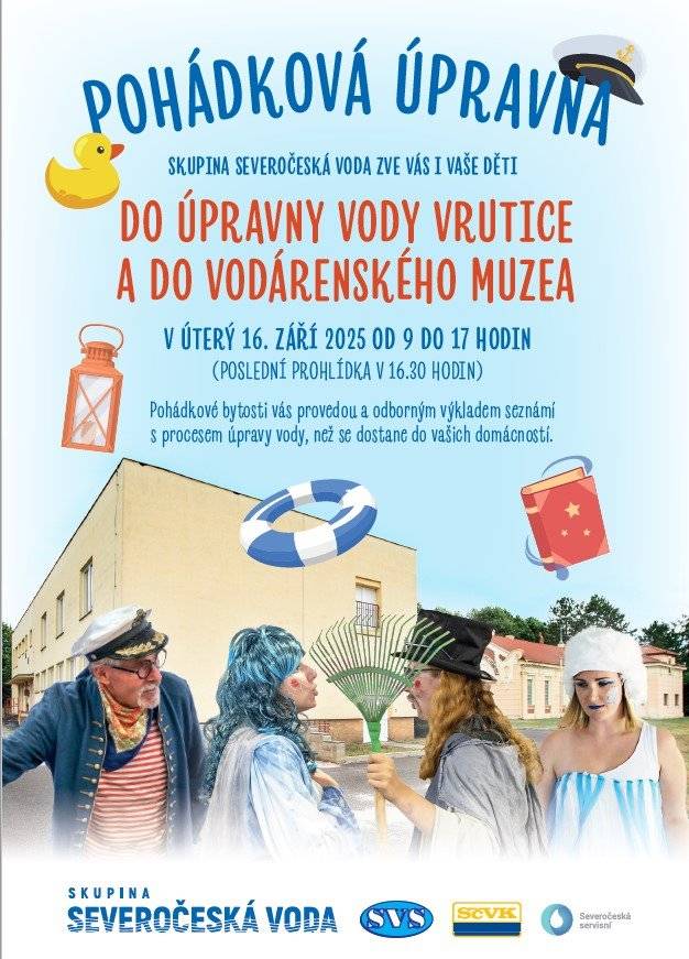 V úterý 16.9. od 9.00-17.00 hodin bude otevřeno pro veřejnost vodárenské muzeum ve Vrutici. Pohádkové bytosti vás provedou a odborným výkladem seznámí s procesem úpravy vody, než se dostane do vašich domácností.