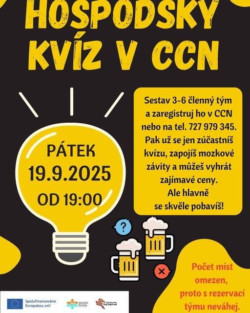 📅 Pátek 19. 9. 2025 🕖 Start: 19:00 Po letní pauze se opět sejdeme u oblíbeného kvízu! Tak jako žáci a studenti usedají zpět do lavic, i vy – soutěžící – usednete za stoly, dáte si něco dobrého k pití a provětráte své mozkové závity. 🏆 Kdo zvítězí? To už je jen na vašich znalostech! Témata kvízu:   🚗 Automobilový průmysl   🌍 Cizí jazyky   ✏️ Zpátky do školních lavic   👥 Sestavte tým (3–6 hráčů) a rezervujte si místo na tel.: 727 979 345 ⚠️ Kapacita je omezená!
