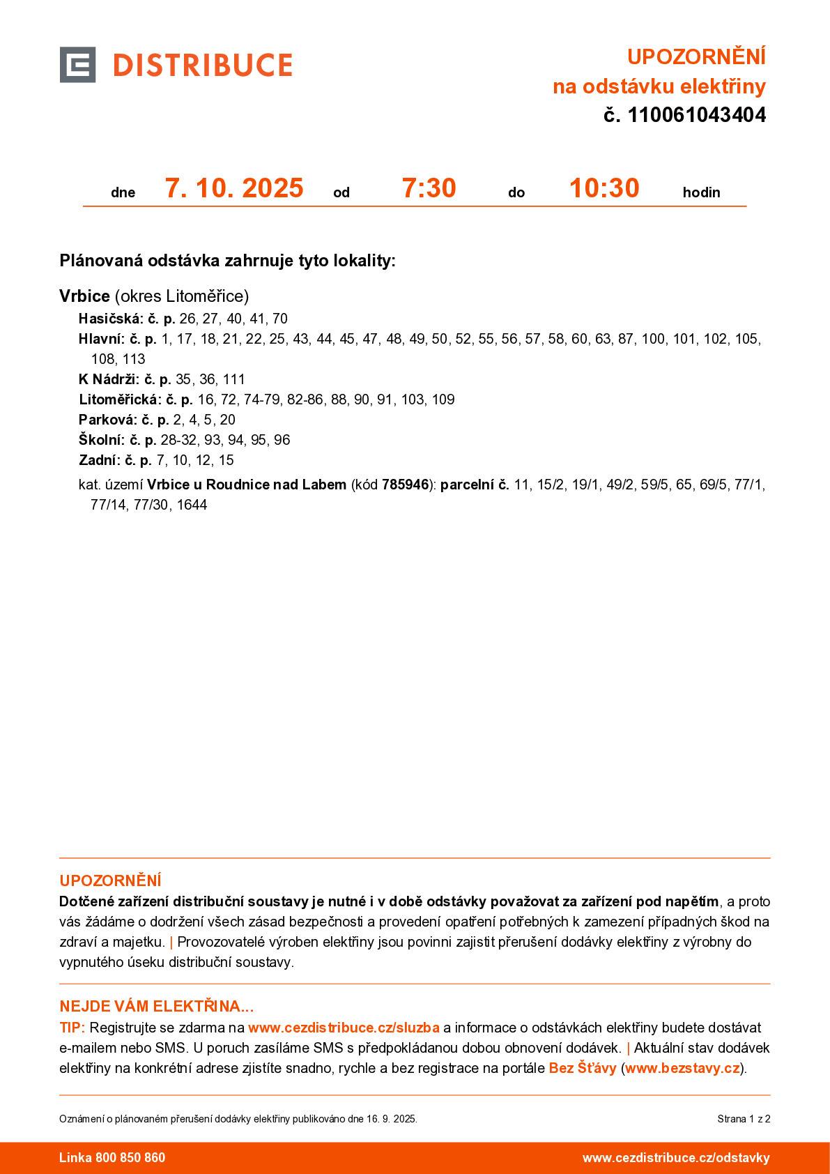 Odstávka elektřiny Vrbice