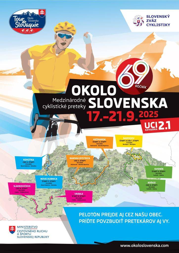 Blíži sa 69. ročník medzinárodných cyklistických pretekov Okolo Slovenska 2025, ktoré sa uskutočnia od 17.9. - 21.9.2025.
