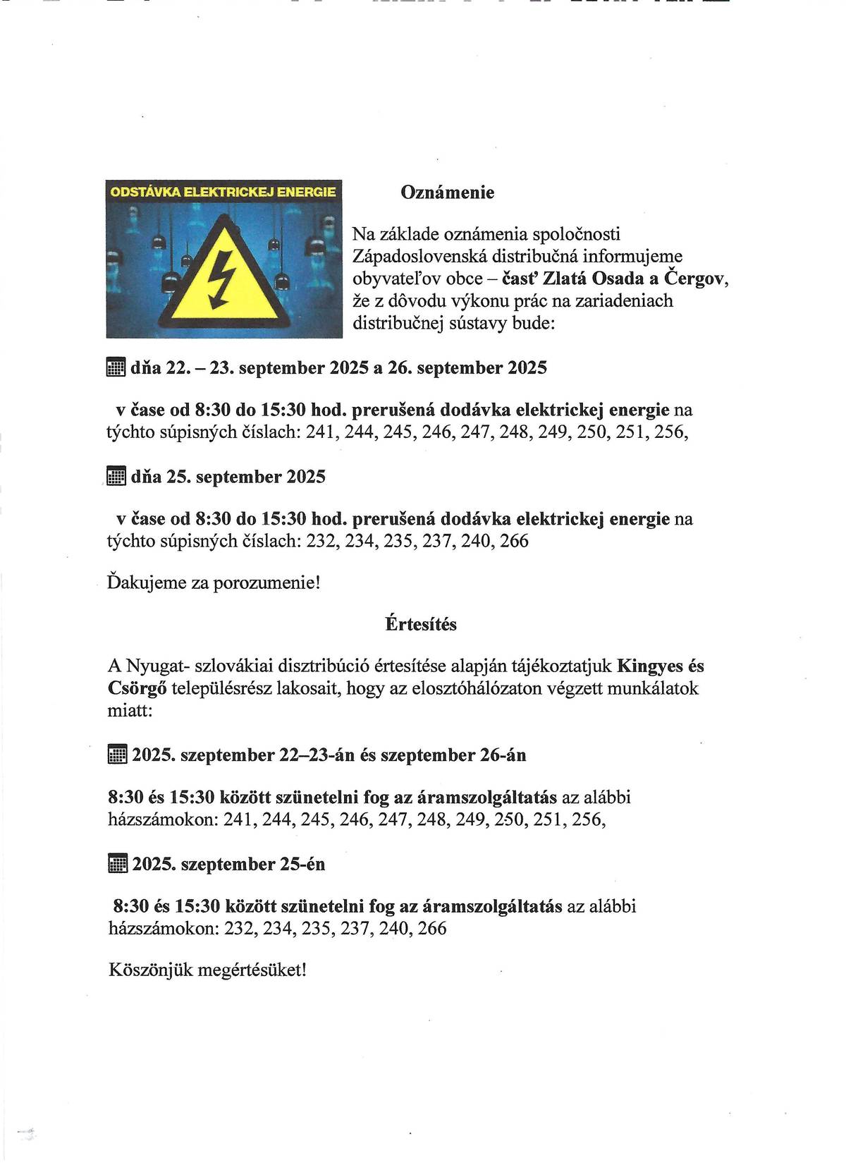 Oznámenie - Értesítés