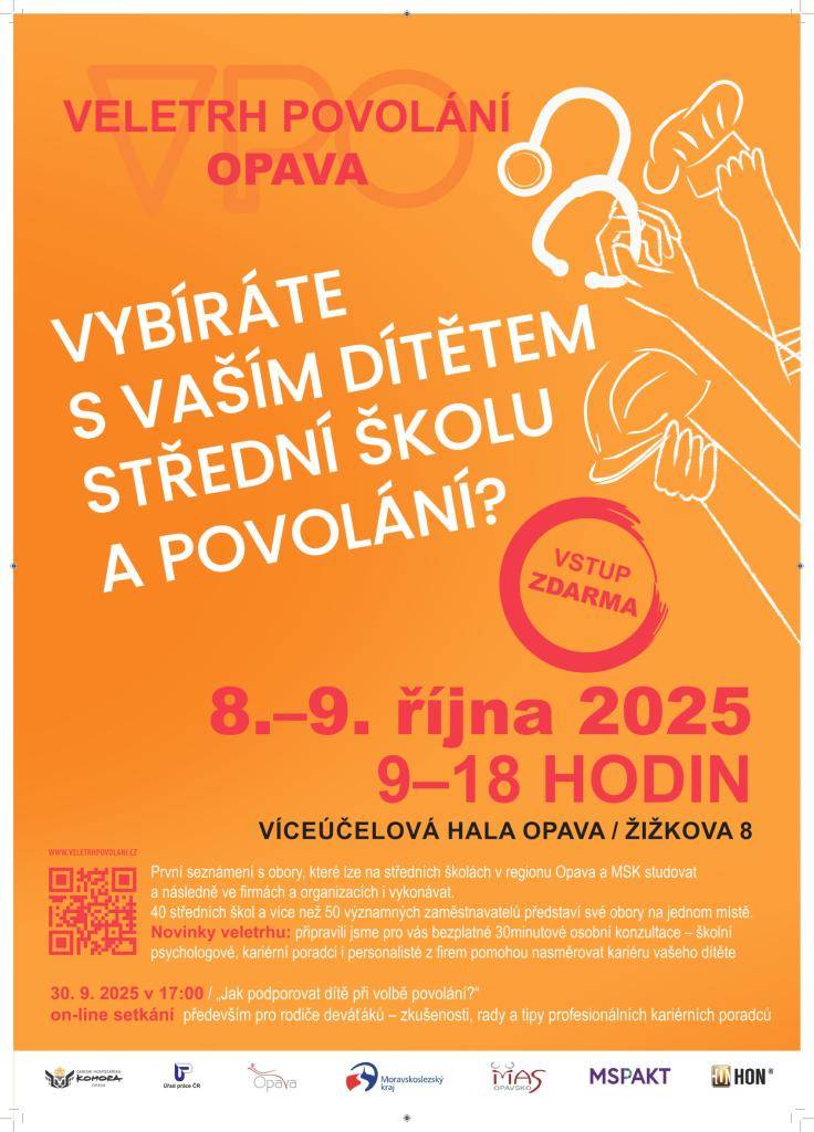 Představení všech středních škol z Opavska a okolí se svými studijními obory a více než 50 zaměstnavatelů z regionu ukáže, o jaké profese má zájem a jaké příležitosti nabízí ve firmách a institucích.  8. - 9. října 2025, Víceúčelová hala Opava
