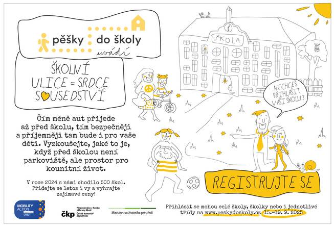 Naše škola se zapojila do výzvy PĚŠKY DO ŠKOLY v termínu 15. 9.2025 - 19. 9. 2025  Každé dítě získává body za ranní příchod pěšky.  Více na www.peskydoskoly.cz