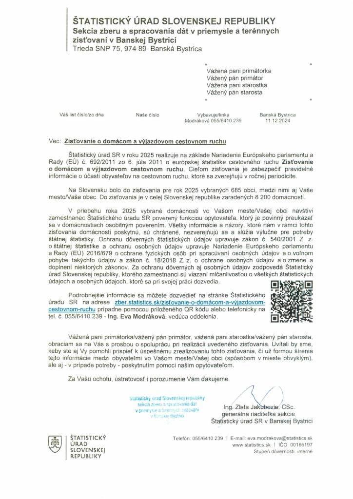 Oznam - zisťovanie o domácom a výjazdovom cestovnom ruchu