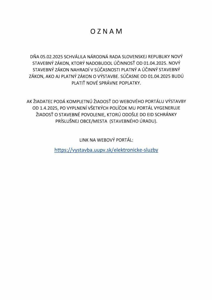 Oznam - platnosť nového stavebného zákona