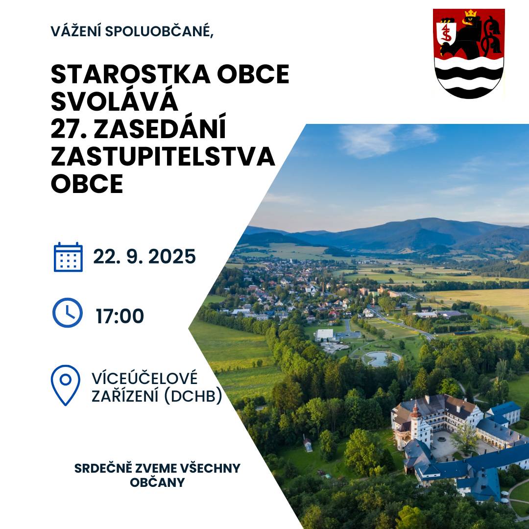 Vážení spoluobčané, starostka obce svolává 27. zasedání zastupitelstva obce na pondělí 22. 9. 2025 v 17:00 ve Víceúčelovém zařízení ve Velkých Losinách. Srdečně zveme všechny občany.