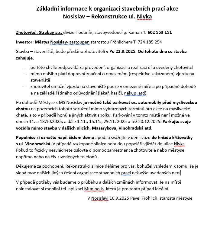 Sdělujeme Informace k organizaci stavebních prací v ul Nivka - viz leták