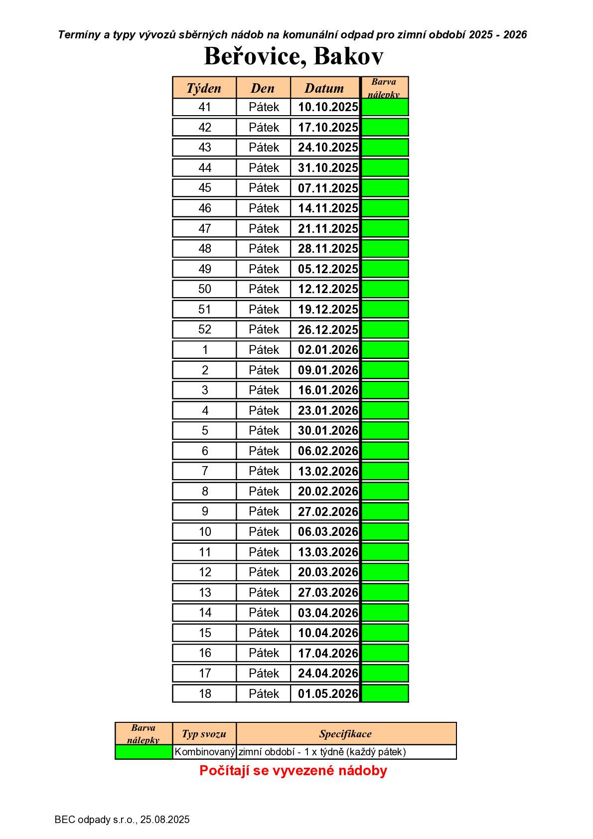 Zimní svoz komunálního odpadu 2025/2026