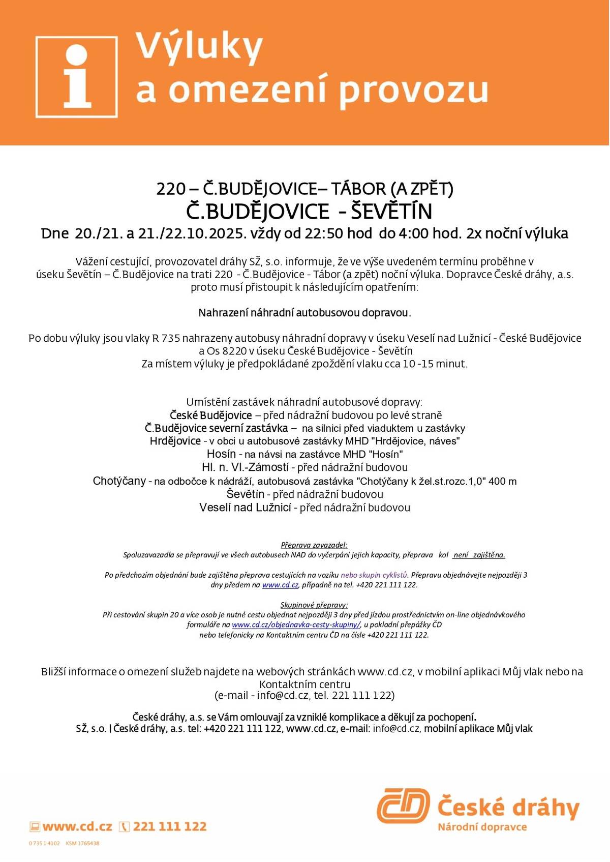 Výluky ČD v měsíci říjnu 2025.