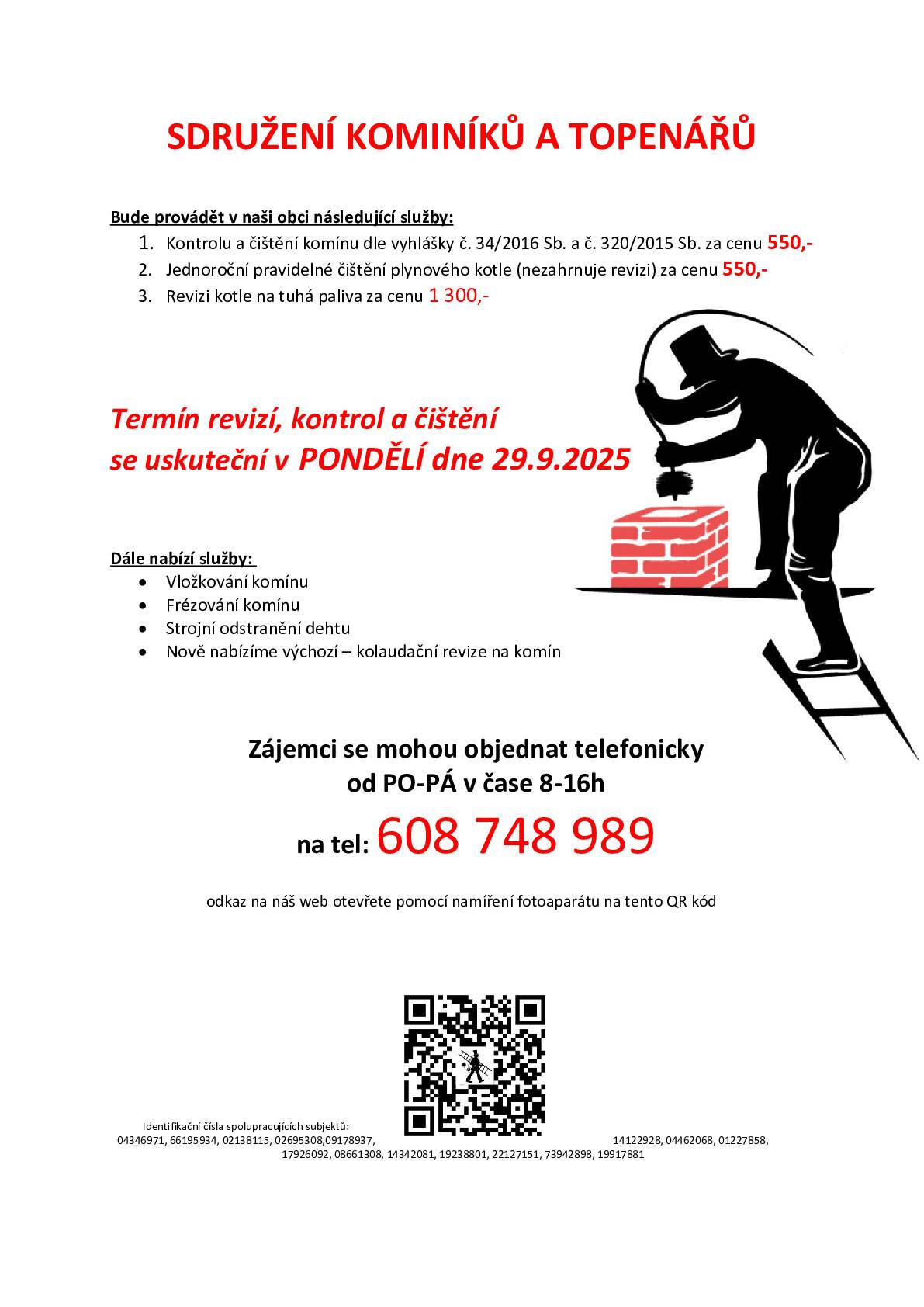 Nabídka kontroly komínů a kotlů 29.9.2025