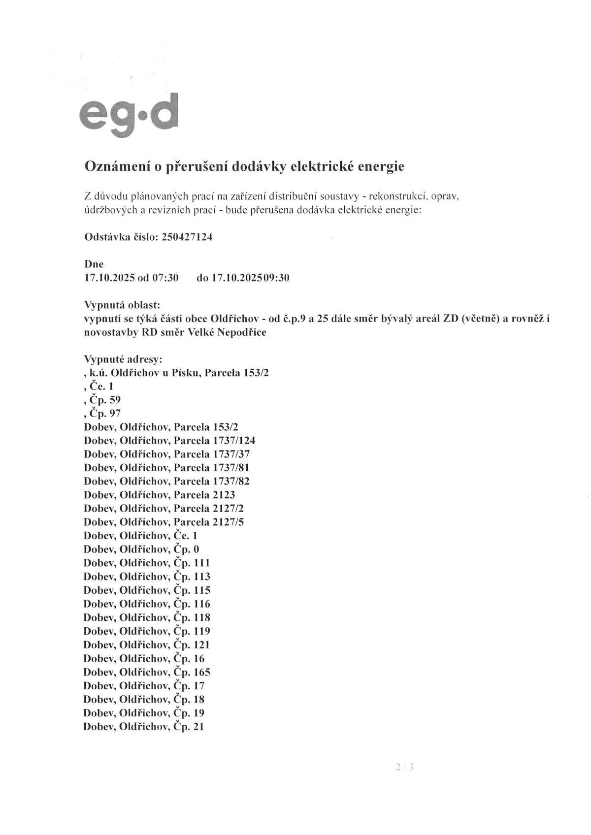 EG.d - bezproudí - Oldřichov - 17. 10. 2025 - 7:30 9:30 h a 9:30 - 12:00 h