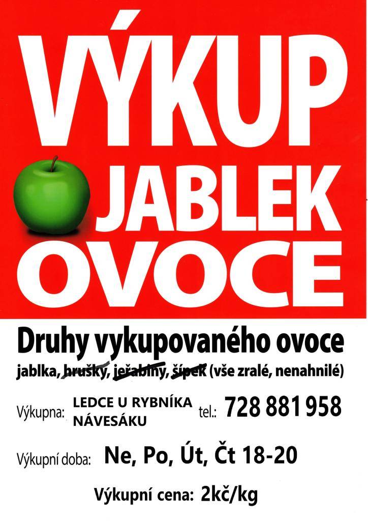 Vážení Ledečáci, s přicházejícím podzimem mnozí řešíte kam s nadúrodou jablek. Výkup je pro letošní rok na novém místě.