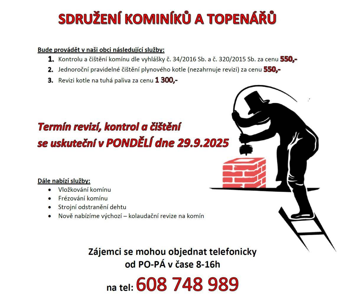Termín revizí, kontrol a čištění se uskuteční v PONDĚLÍ dne 29.9.2025