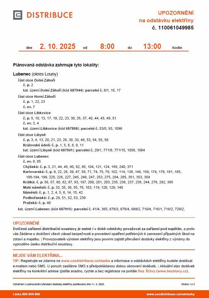 Upozornění  odstávka elektřiny je ve čtvrtek 02.10.2025   část obce Nahořečice č. p. 2, 3, 5, 11, 15, 21, 22, 23, 26, 27, 28, 29, 31, 32  a kat. území Nahořečice p. č. 36, 45  od 08:00 - 13:00 hodi