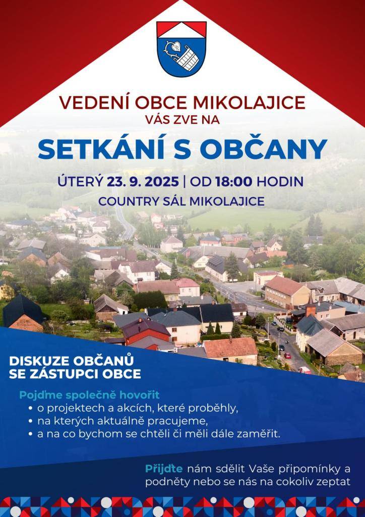 Srdečně zveme občany na Mikolajic na Setkání občanů s vedením a zastupiteli obce Mikolajice.  Jako tradičně představíme uskutečněné, probíhající a plánované projekty, prostor bude také pro Vaše dotazy, připomínky a náměty.  Těšíme se na Vás