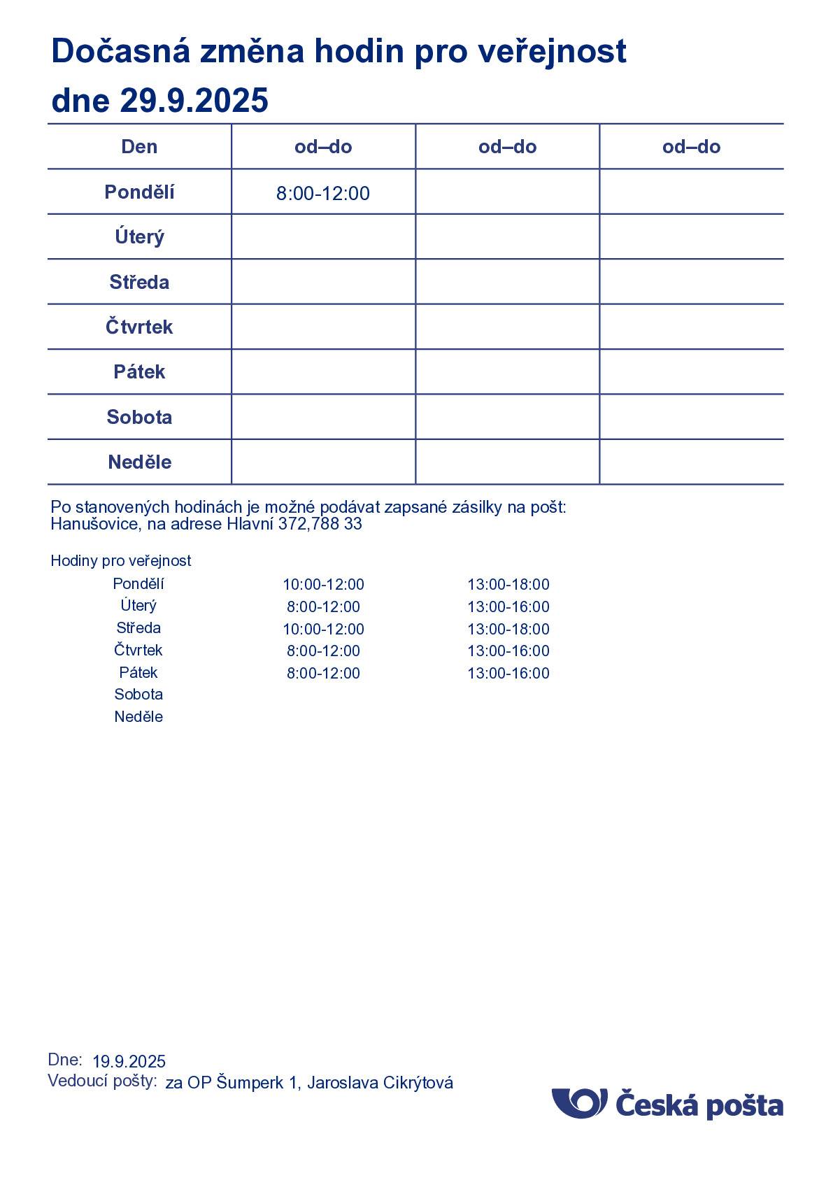 Dočasná změna  hodin pro veřejnost dne 29.09.2025