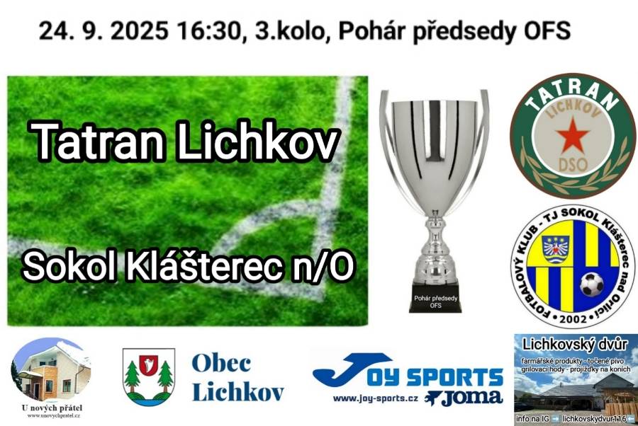 Již tuto středu má Tatran možnost odčinit sobotní porážku. Na domácím hřišti přivítá v pohárovém utkání účastníka 9. Ligy FO Sokol Klášterec nad Orlicí. Tímto zveme všechny naše fanoušky a příznivce na středeční fotbalové odpoledne.