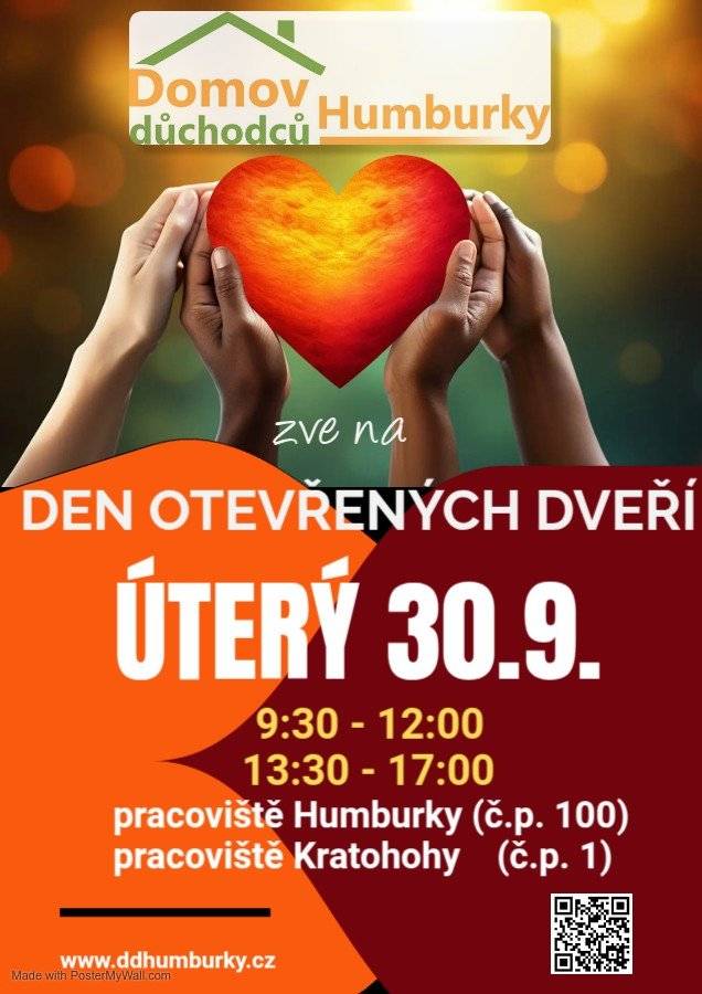 Domov důchodců Humburky zve na den otevřených dveří v úterý 30.9.2025 od 9,30-12,00 a 13,30-17,00 hod. Pracoviště Humburky a Kratonohy.