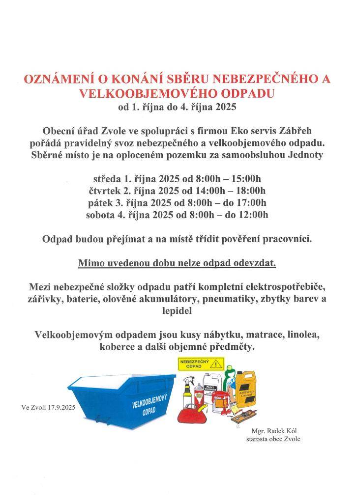 Oznámení o konání sběru nebezepčného a velkoobjemového odpadu 1. října - 4. října 2025