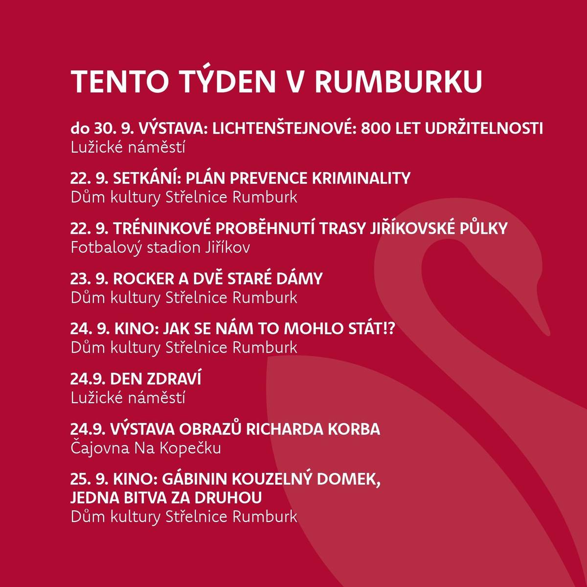 Tolik akcí jsme během jednoho týdne ještě neměli! Podívejte se, co nás čeká tento týden. Více akcí v Rumburku i okolí naleznete na našem webu. https://kultura.rumburk.cz
