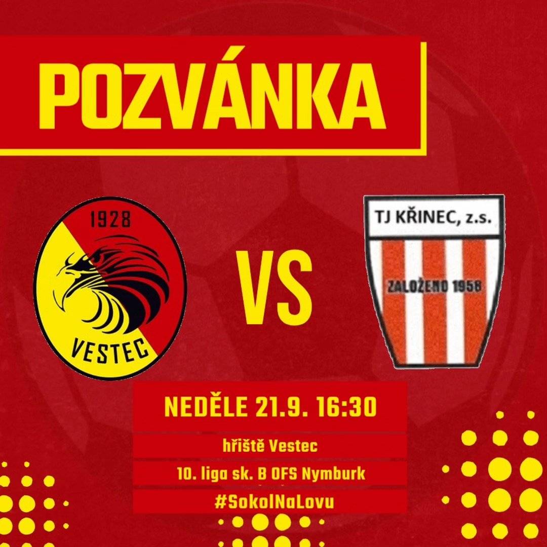 TJ Sokol Vestec zve své přiznivce na derby s TJ Křinec tuto neděli 21.9.2025 od 16.30 na místním hřišti