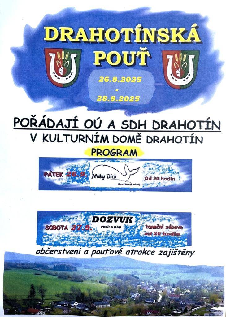 Obec Drahotín Váz zve na pouť. Ta se uskuteční od pátku 26.9. a končí v neděli 28.9. 2025.
