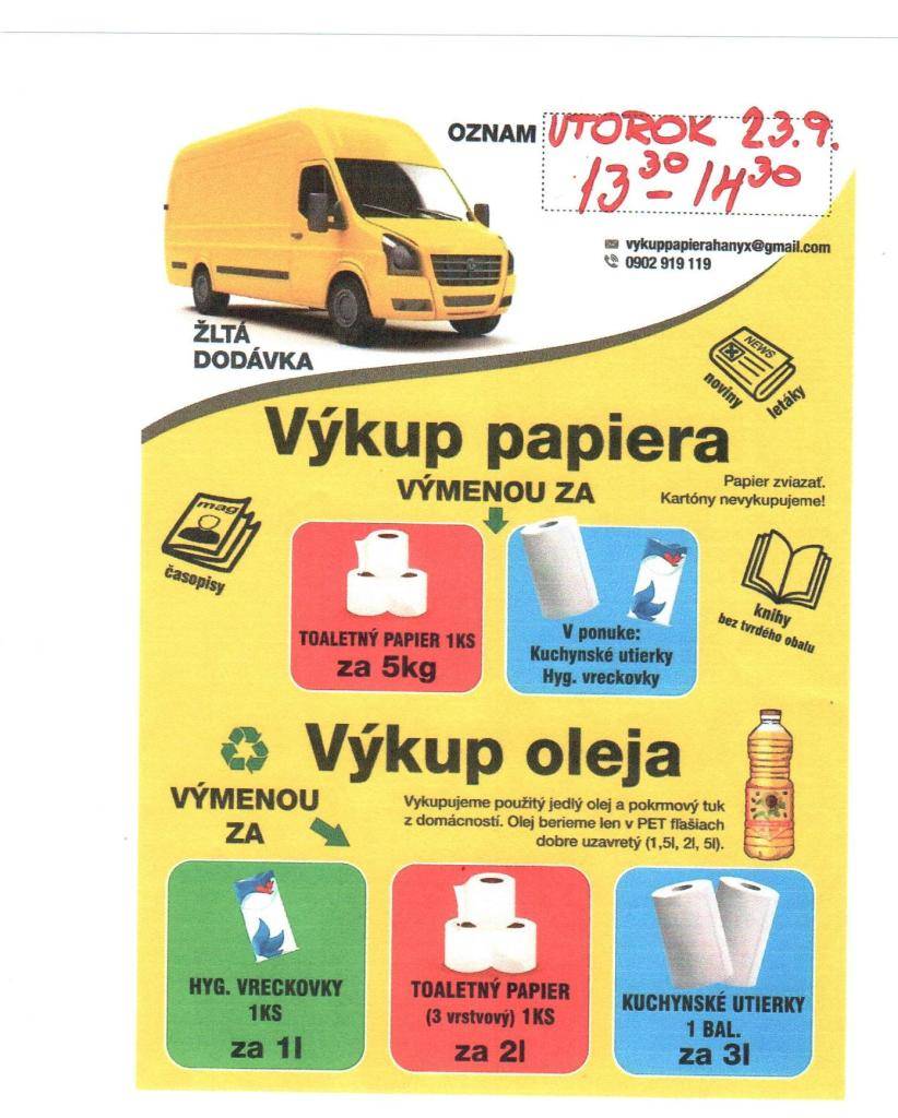 Výkup papiera a oleja 23.09.2025 od 13.30 do 14.30   Bližšie info na priloženom plagáte