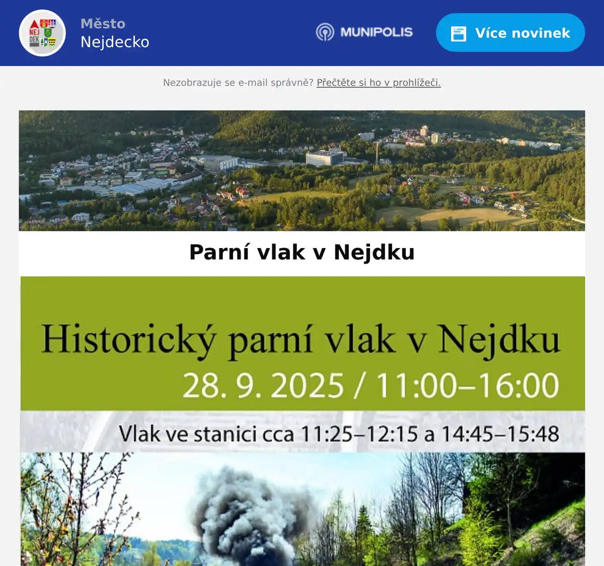 V nedděli 28. 9. přijede do Nejdku parní lokomotiva v rámci akce Víkend s párou. Vlak zůstane ve stanici Nejdek v časech 11:25–12:15 a 14:45–15:48. Vlak přijede do Nejdku a poté jede zpět do Karlových Varů. Zájemci si mohou zakoupit jízdenku a svézt se. Program ve stanici Nejdek: Kapela Bezladu – folk & rock Harmonikár František Severa a Zdenek Machácek s tradicním vozembouchem Nejknihovna na peróne – zábavné hry a souteže pro deti na téma „železnice“ KreaDílna – drátenická dílnicka s Hanou Šlehubrovou 15:00 Detské divadelní predstavení Podzim – divadlo Letadlo výstava Krušnohorský semmering výstava k železniční tematice v historickém železničním voze  výstava modelového kolejiště v historickém železničním voze ruční drezína pro děti i dospělé občerstvení v historickém voze na parním vlaku