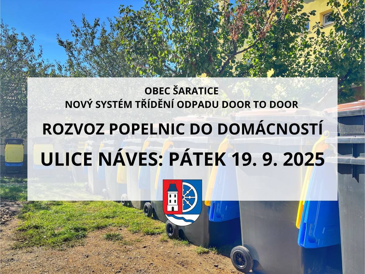 Informujeme občany, že v pátek 19. 9. 2025 v odpoledních hodinách budou obecní zaměstnanci rozvážet sady tří popelnic (nový systém třídění odpadu Door to door) přímo k nemovitostem na ulici NÁVES.   O rozvozu do dalších ulic v obci vás budeme informovat.  Popelnice dostanou všechny domácnosti, které jsou řádně přihlášeny do systému.
