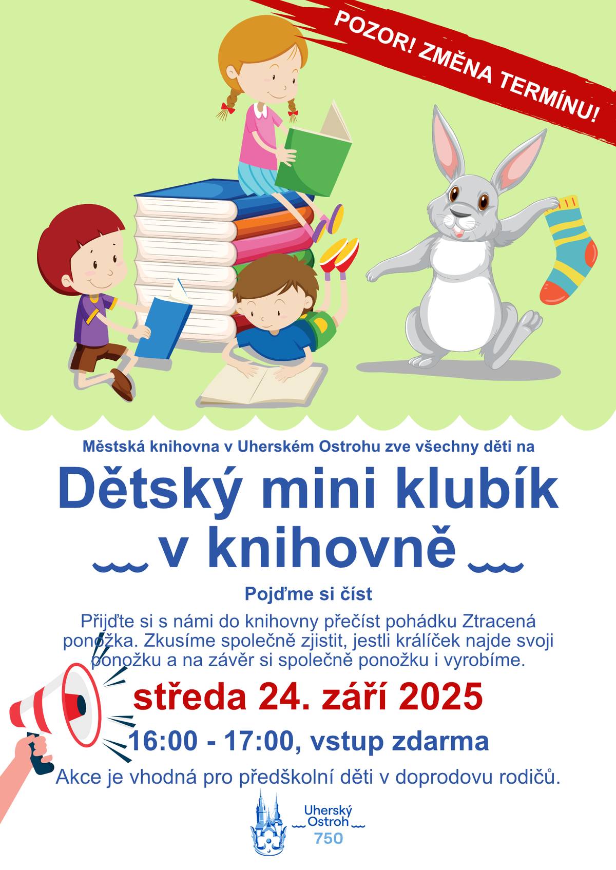 Ve středu 24. září 2025 v 16:00 hodin se po letní přestávce v prostorách městské knihovny na ostrožském zámku uskuteční zářijové setkání Dětského miniklubíku, který je určen pro předškolní děti v doprovodu rodičů. Doporučujeme rodičům, aby dětem vzali přezůvky. Vstup na miniklubík je bezplatný.