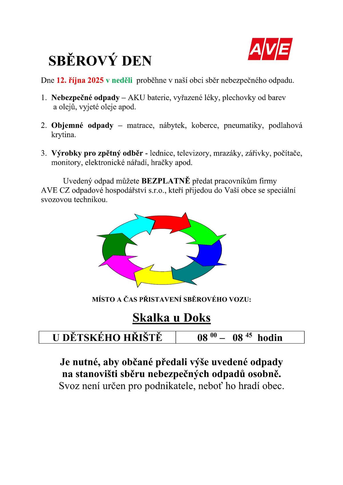 Dne 12. října 2025 v neděli proběhne v naší obci sběr nebezpečného odpadu. 1. Nebezpečné odpady – AKU baterie, vyřazené léky, plechovky od barev a olejů, vyjeté oleje apod. 2. Objemné odpady – matrace, nábytek, koberce, pneumatiky, podlahová krytina. 3. Výrobky pro zpětný odběr - lednice, televizory, mrazáky, zářivky, počítače, monitory, elektronické nářadí, hračky apod. Uvedený odpad můžete BEZPLATNĚ předat pracovníkům firmy AVE CZ odpadové hospodářství s.r.o., kteří přijedou do Vaší obce se speciální svozovou technikou. MÍSTO Viz.příloha 👇