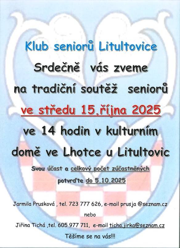 Pozvánka pro seniory. Těšíme se na účast zástupců starší generace.  Děkujeme za potvrzení účasti do 05.října 2025 na tel.č. 723777626 p. Průskové.