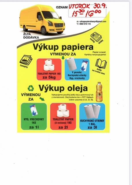 Dňa 30.09.2025 od 15.30 h do 16.00 h bude v obci prebiehať výkup papiera a použitého oleja z domácností.