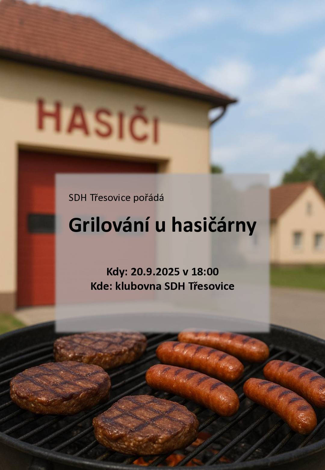 Sbor dobrovolných hasičů Třesovice zve občany na grilování u hasičské zbrojnice v sobotu 20. 9. 2025 od 18:00 hodin.  Přijďte si dát něco dobrého k jídlu a pití.