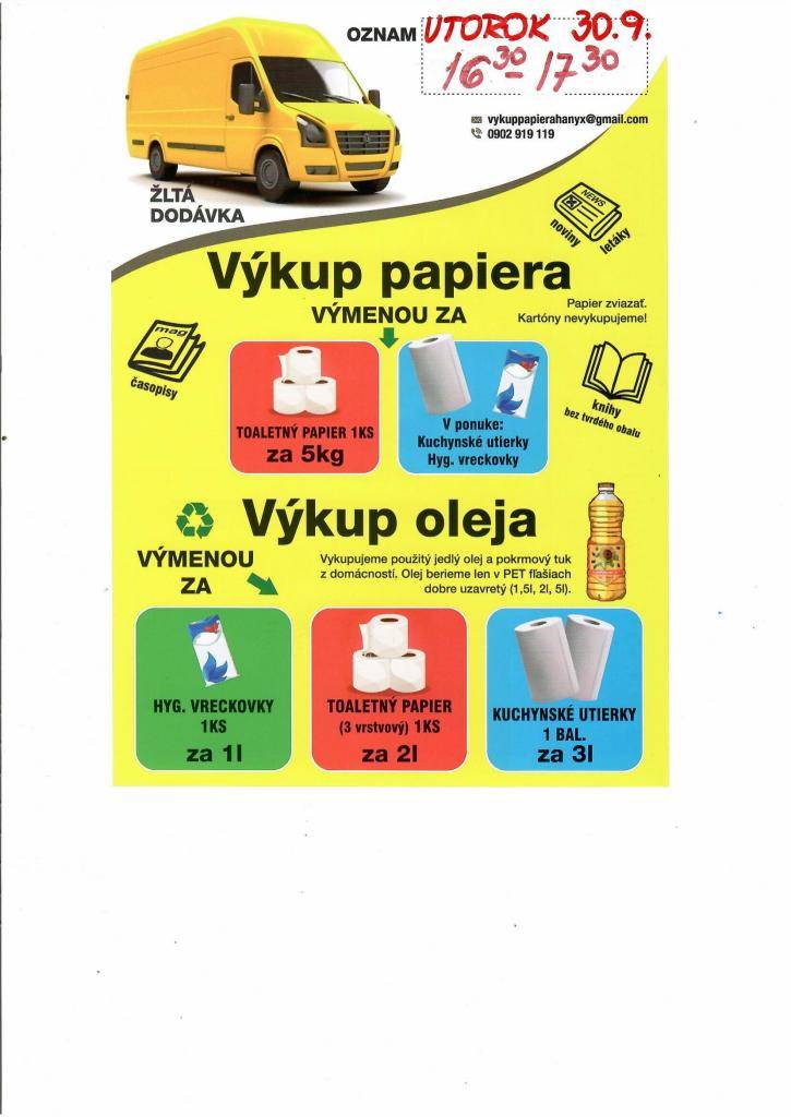 Dňa 30. septembra 2025 v čase od 16,30 hod. do 17,30 hod. sa uskutoční v našej obci výkup papiera, použitého jedlého oleja a pokrmového tuku z domácností.