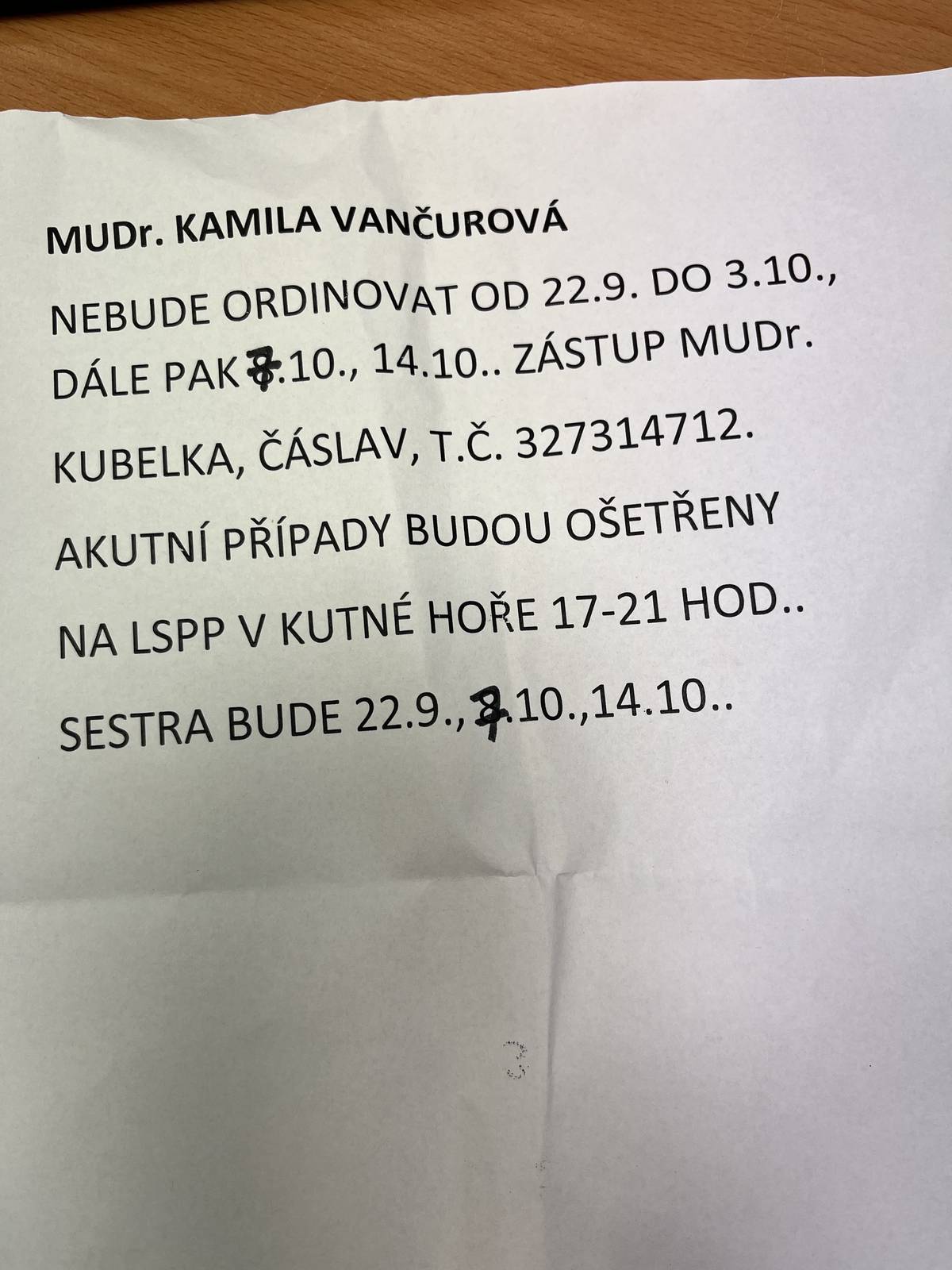 Od 22.9 do 3.10.2025 Dále pak 7.10 a 14.10.2025  nebude Mudr. Kamila Vančurová ordinovat Sestra bude přítomna 👩  22.9, 7.10, 14.10.